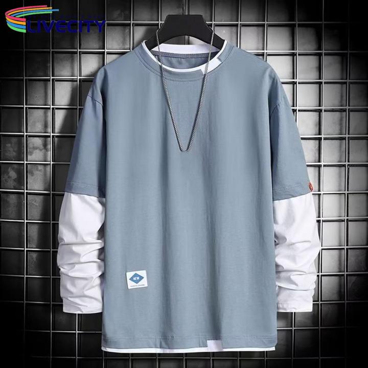 Decorative%20Splicing%20Style%20T-shirt%20Stylish%20Men's%20Two-piece%20Patchwork%20Sweatshirt%20Trendy%20Fall/winter%20Hop%20Stwear%20for%20Soutast%20Asian%20Fashion%20Enthusiasts%20Men%20Round%20Neck%20T-shirt%20-%20Image%202