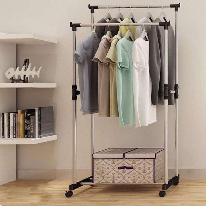 Double Hanging Cloth Stand and Shoes Rack - Silver and Black