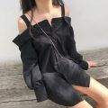 Autumn Korean New Mid Long Lazy BF White Shirt White/Black Blouses Tops Women's Fashion Long Sleeve Cardigan Blusas Mujer 12457.