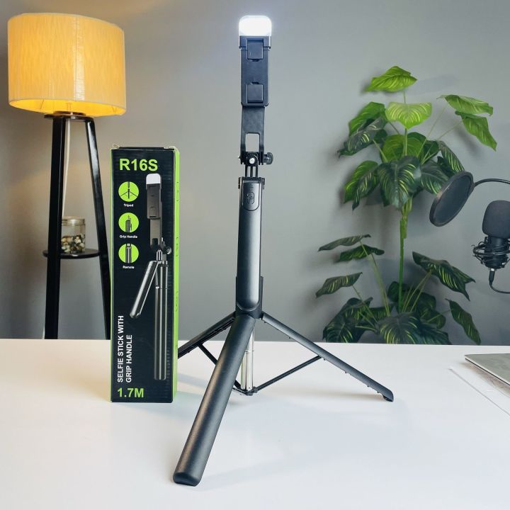 R16s Wireless Bluetooth Selfie Stick & Tripod with LED Fill Light – 360° Rotation Portable Phone Stand