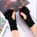 Fashion Women Faux Rabbit Fur Fingerless Gloves with Sheep Wool Decorations, Warm, Soft, Elastic, Wrist Length, Black.
