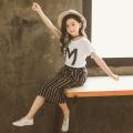 Teen Kids Girls Letter Sequin T-shirt Short Sleeve Tops Stripe Pants Outfits Set. 