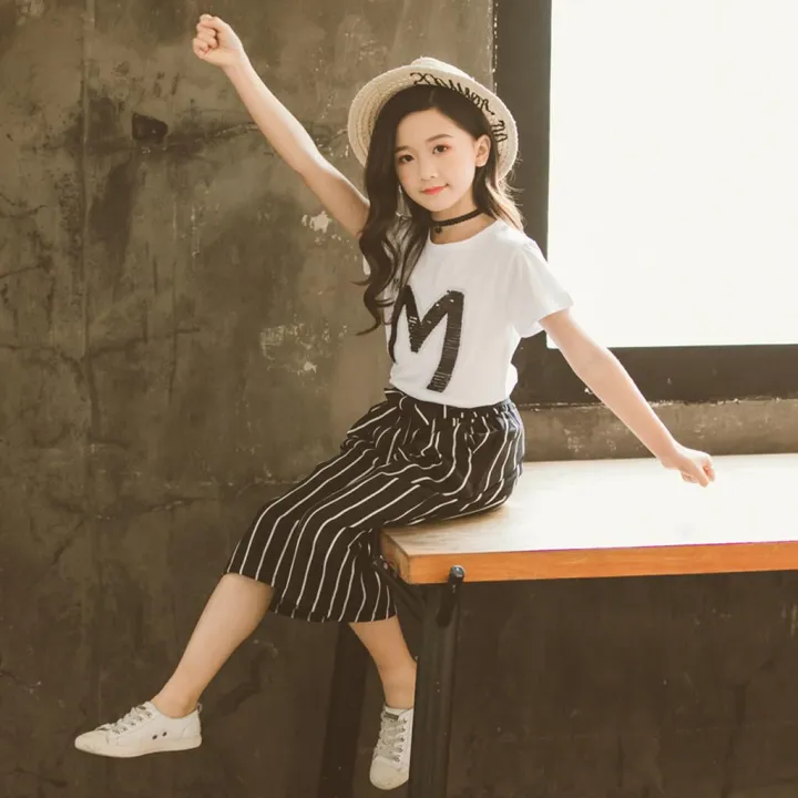 Teen%20Kids%20Girls%20Letter%20Sequin%20T-shirt%20Short%20Sleeve%20Tops%20Stripe%20Pants%20Outfits%20Set%20-%20Image%206