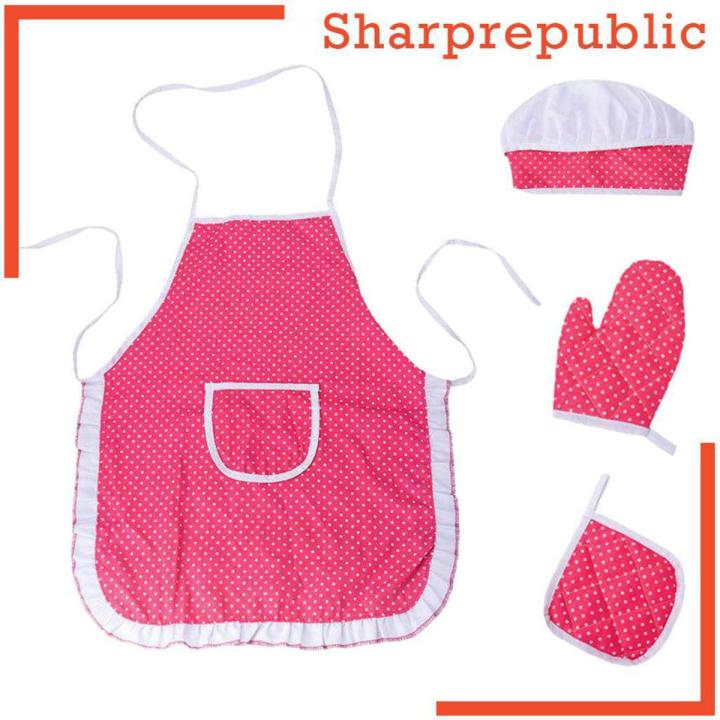 [SHARPREPUBLIC] Complete Kids Cooking and Baking Set - 4 Pcs Includes Apron & Chef Hat, Oven Mitt , Hot Pad for Toddler Dress Up Chef Costume Career Role Play