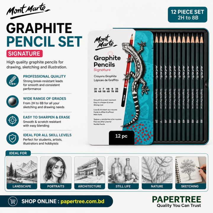 Mont Marte Graphite Pencil Set 12 Pcs Iron Box 2H to 8B Drawing Sketching Pencils