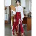 New Chinese style Hanfu heavy industry embroidery, cloud shoulder standing collar shirt, paired with woven gold horse face skirt, wedding engagement dress. 