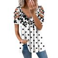 Vintage Flower Fashion Print V-Neck Zipper Casual T-shirt Ladies Tunic Tops Hollow Off Shoulder Shirts Tee Women's Clothing. 