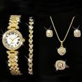 Fashion Luxury Full Crystal 5 Pcs Watch Necklace Earrings Ring Set for Women Rhinestone Wristwatch Female Bracelet Set Gift.