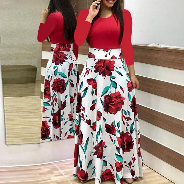 Fashion Women Long Sleeve Floral Boho Print Long Maxi Dress Ladies Casual  Dress