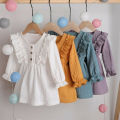 Baby Girls Solid Cotton Crepe Dress Soft Fabric Long Sleeve Ruffle Party Casual Toddler Outfit Comfortable Kids Clothing. 