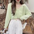 Y2k Women Cardigan Sweater Knitted Cropped Korean Short Long sleeve Crop Top V neck Fashion Clothe.