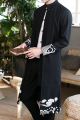 Trench Coat Men two Pieces Cardigan Kimono Embroidered Coat Male Long Chinese Style Black Loose Vintage Cotton Linen Jacket. 