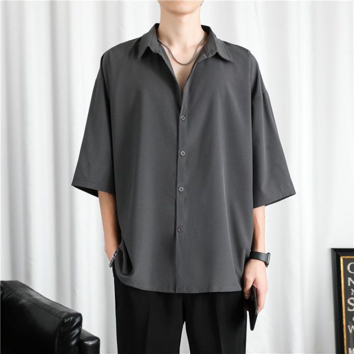 Ice%20Silk%20Shirt%20Men's%20Thin%20Hong%20Kong%20Style%20Ruffle%20Handsome%20High-Grade%20Draping%20Jacket%20Loose%20Half%20Pure%20Color%20All-Matching%20Shirt%20-%20Image%207