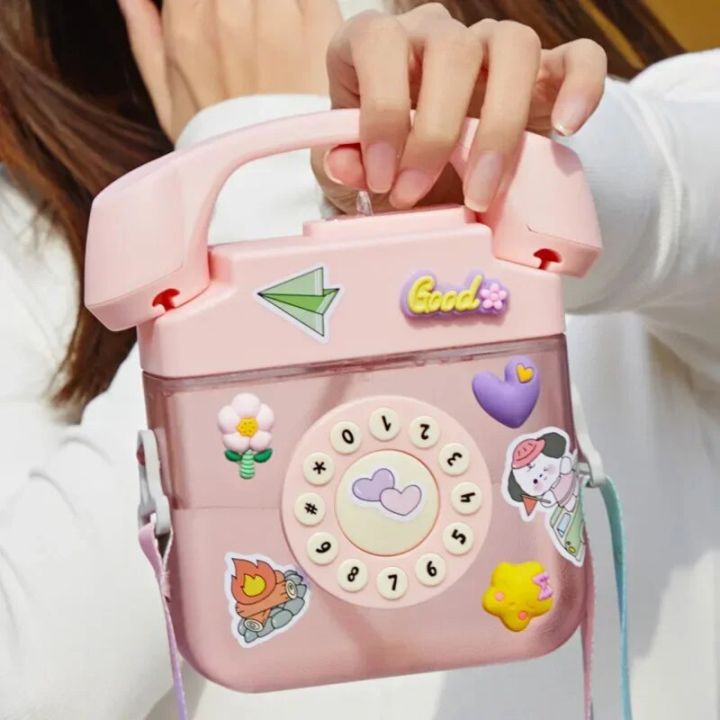 400ML Telephone Shape Water Bottle Plastic Water Bottle for Girls Kawaii Straw Bottle with Sticker Strap Children Outdoor Kettle