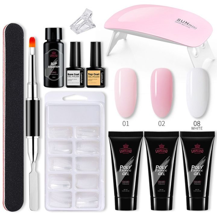 【Broad Sunlight shop】(NEW)11pcs set 3 Color Kit Nail Builder Kit Nail Extension Kit with Lamp Top Coat Base Coat All-in-One for Nail Starter Different Nail Art Ideas DIY Home Manicure