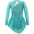 Girls Gymnastic Ballet Leotard Dress Kid Sequins Mesh Long Sleeves Tulle Splice Cutouts Back Figure Ice Skating Dress. 