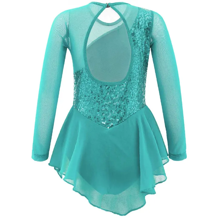 Girls%20Gymnastic%20Ballet%20Leotard%20Dress%20Kid%20Sequins%20Mesh%20Long%20Sleeves%20Tulle%20Splice%20Cutouts%20Back%20Figure%20Ice%20Skating%20Dress%20-%20Image%202