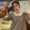 Shirt Women's Summer New Korean Style Versatile Sweet Style Lace Doll Stitching Plaid Slimming Short Sleeve Top.