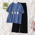 Single Piece / Suit T T-shirt Women's Summer Korean Style ins Cartoon Small Printed Loose Wide-Leg Pants Short-Sleeved Shirt Fashion.