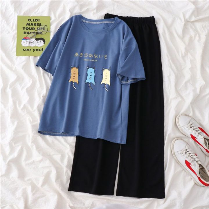 Single%20Piece%20/%20Suit%20T%20T-shirt%20Women's%20Summer%20Korean%20Style%20ins%20Cartoon%20Small%20Printed%20Loose%20Wide-Leg%20Pants%20Short-Sleeved%20Shirt%20Fashion%20-%20Image%207