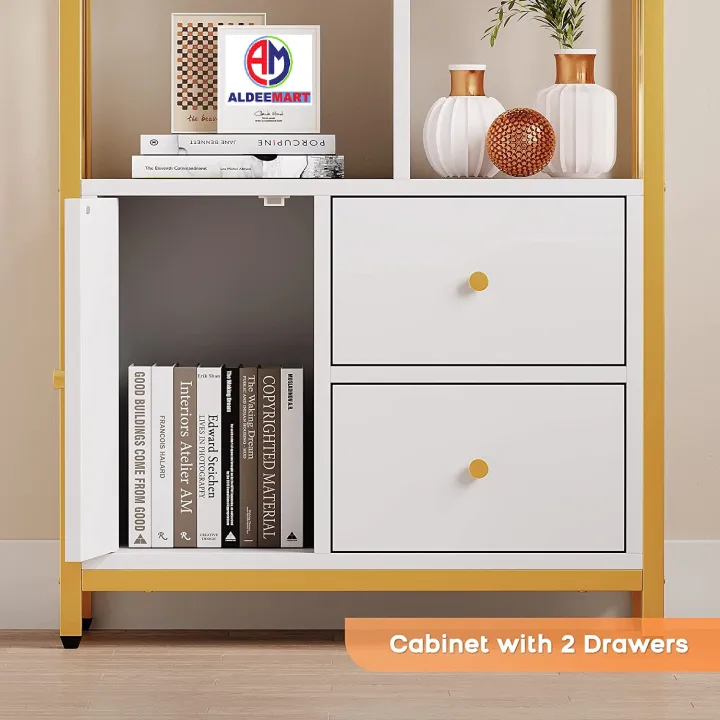 Gold%20Bookshelf%20with%20Drawers%20Modern%20Bookcase%20Storage%20Rack%20Shelf%20Tall%20Standing%20Bookshelves%20Metal%20Frame%20Large%20Display%20Racks%20Book%20Shelf%20for%20Bedroom,%20Living%20Room,%20Home%20Office,%20White/Gold%20-%20Image%205