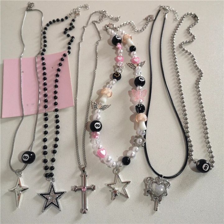 Kpop%20Y2k%20Goth%20Harajuku%20Black%208%20Ball%20Star%20Cross%20Pendant%20Bead%20Neck%20Necklace%20EMO%202000s%20Aesthetic%20Grunge%20Vintage%20Jewelry%20Accessories%20-%20Image%202