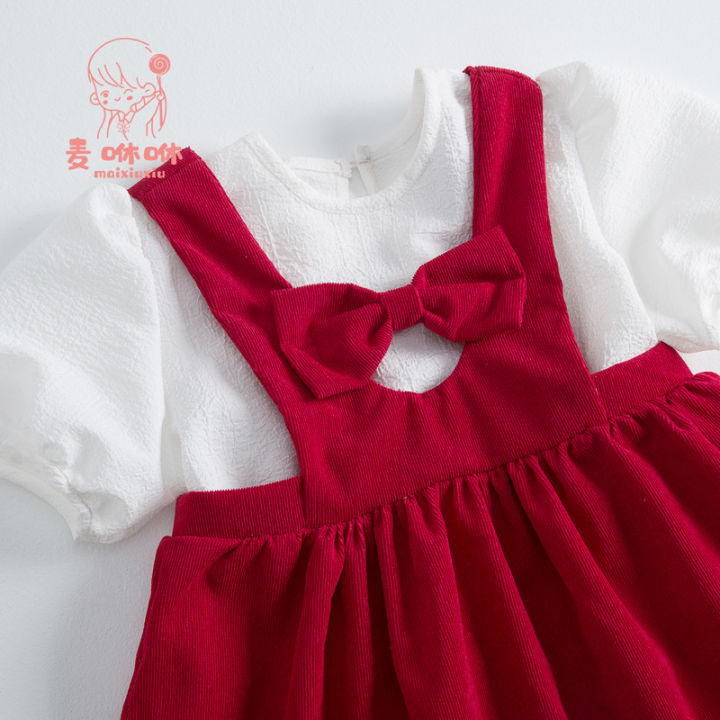 Mai%20Xiu%20Xiu%20Xiu%20Girls%20Dress%20Spring%20and%20Summer%20Bow%20Puff%20Sleeve%20Strap%20Dress%20Baby%20Children's%20Wear%20Two-Piece%20Set%20-%20Image%203