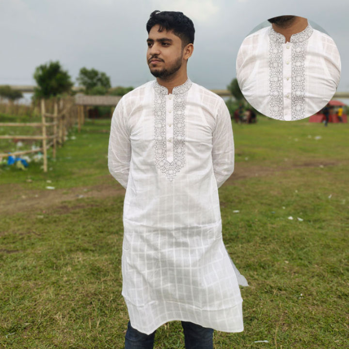 Premium White Aarong Quota Cotton Panjabi for Men – Eid Special | Summer Semi-Long Stylish Punjabi 2025 | Off White Dhuti Panjabi for Man