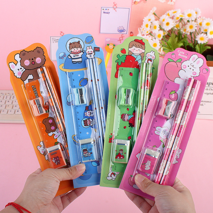 Cute Pencil Set High-Quality 5pcs Kawaii Stationery Set Colorful Packaged Stationery Supplies for Children Students Birthday