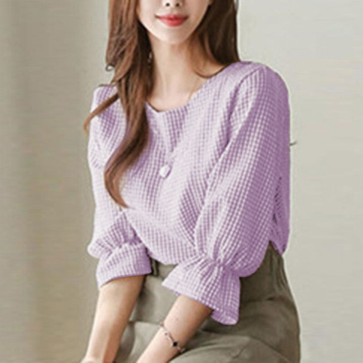 ZANZEA%20Women%20Fashion%20Short%20Sleeve%20Plaid%20Check%20Shirt%20Blouse%20Asymmetrical%20Hem%20Loose%20Tops%20#2%20-%20Image%205