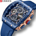 CURREN 8442 Multi-function Chronograph Men Watch Silicone Band Sports Luminous Calendar Quartz Watches-Rose Gold & Blue. 