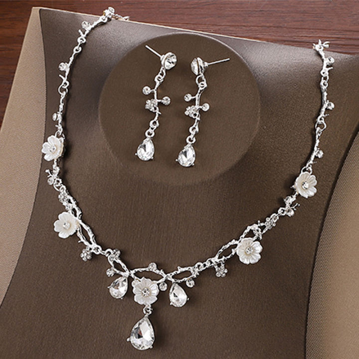3 Pcs /set Creative Fashion Flower Crystal Jewelry Necklace Earrings Set For Women Tiaras Crown Wedding Jewelry