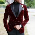 Fashion Navy Blue Velvet Men Suit Set Evening Party Luxury Shiny Beads Blazer Formal Activities Slim Fit Tuxedos Pants 2 Pieces. 