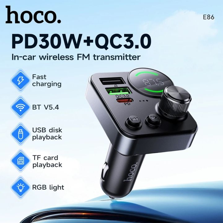 Hoco E86 Alegria 48W Dual Port Car Charger | 30W PD + QC3.0 | Bluetooth 5.4 FM Transmitter