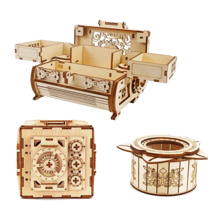 3d Wood Mechanical Box Puzzles Kits for Child Assembly Building Blocks DIY Surprise Jewelry Necklace Ring Cosmetics Case Models MuXiaRe