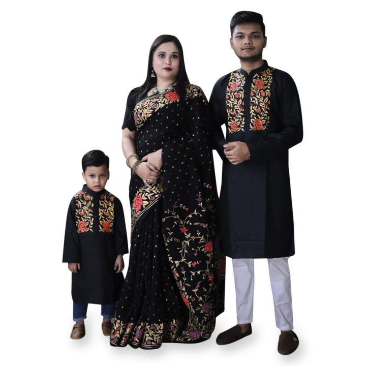 Couple Dress Saree & Panjabi & Baby Panjabe Combo Dress Color for Men Women Stylish New Collection Blog Print
