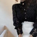 Chic Button Hollow Out Flower Lace Patchwork Shirt Stand Collar All-match Femme Blusas Petal Sleeve Women Blouses 12419.