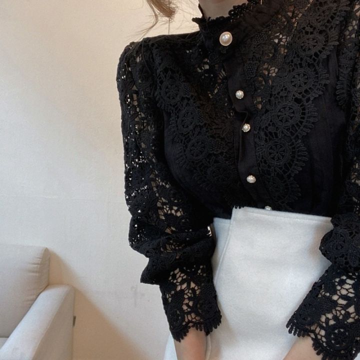 Chic%20Button%20Hollow%20Out%20Flower%20Lace%20Patchwork%20Shirt%20Stand%20Collar%20All-match%20Femme%20Blusas%20Petal%20Sleeve%20Women%20Blouses%2012419%20-%20Image%208