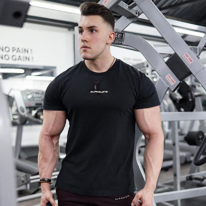 Black Gym Skinny T-shirt Men's Short sleeve t shirt Male Summer Fitness Bodybuilding Cotton Tee shirt Tops Casual Sport Clothing