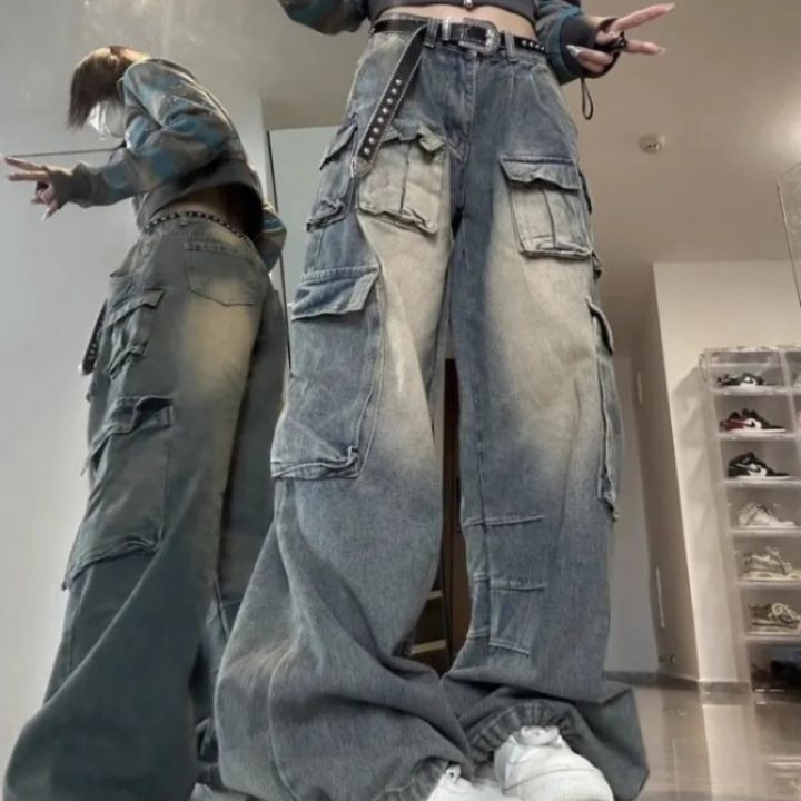 EmotionaE Multi-pocket Design Streetwear Cargo Pants Women Autumn Winter Wide-leg Trendy Niche Washable Oversized Jeans Women Y2k Baggy