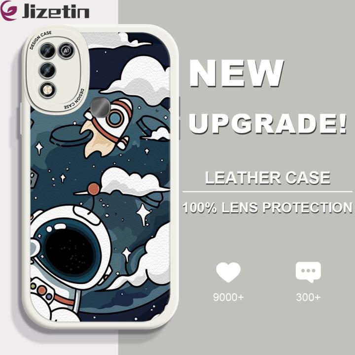 Jizetin for Infinix Hot 10 Play / Hot 11 Play Back Cover Cloud Astronaut Lambskin Texture PU Leather Back For Girls Boys Soft Phone Case