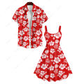 Plus Size Matching Hawaii Beach Outfit For Couples Flower Coconut Leaves Printed Cinched Dress and Buttons Pocket Shirt.