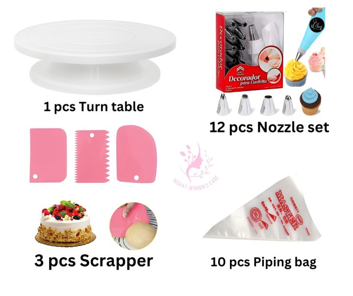 Cake%20Decorating%20Turntable%20-%2028%20cm%20+12%20pieces%20Cake%20decoration%20Nozzle%20set%20+%2010%20Piping%20icing%20Bags%20+%203%20pcs%20scrapper%20combo%20pack%20of%204%20items%20-%20Image%202