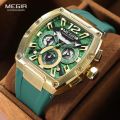 MEGIR Fashion Sport Quartz Watch for Men Waterproof Golden Green Silicone Strap Chronograph Wristwatch with Date Luminous Hands. 