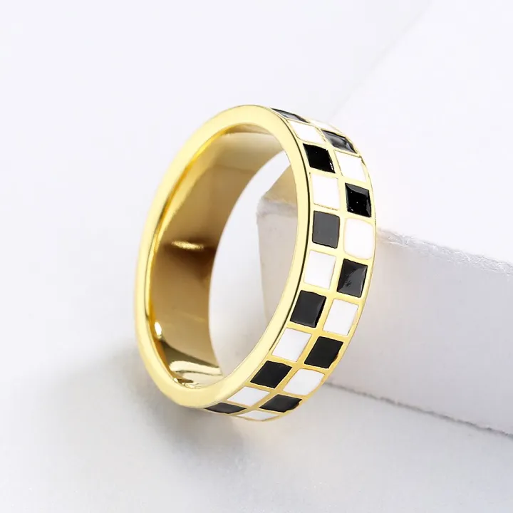 Exquisite%20Fashion%20Woman's%20for%20Ring%20Black%20and%20White%20Ring%20Minimalist%20Checkerboard%20Ring%20Handmade%20Enamel%20Party%20Wedding%20Ring%20-%20Image%207