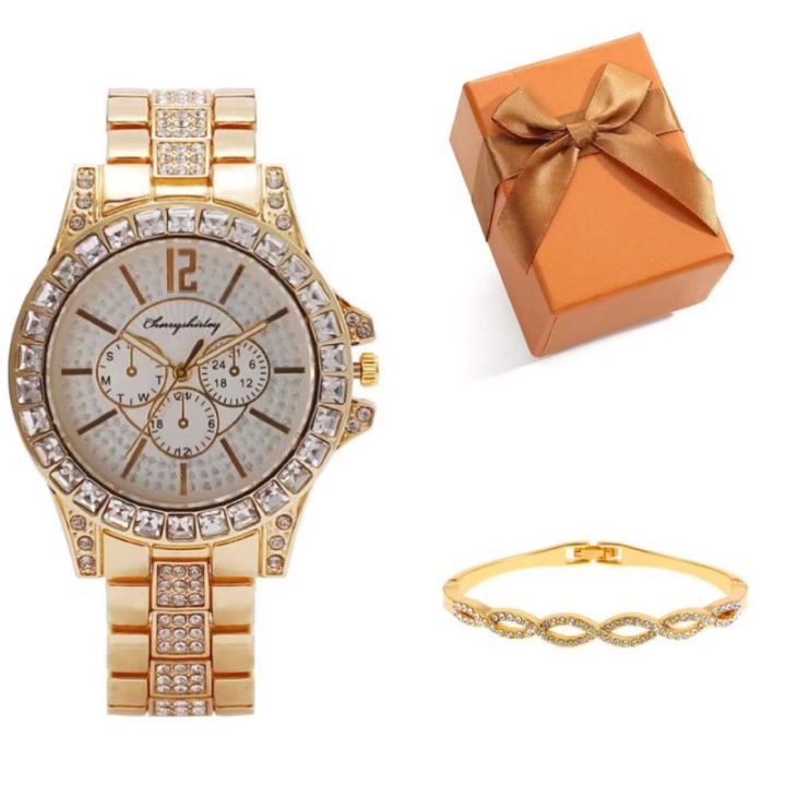 2023%20Foreign%20Trade%20Hot%20Selling%20Women's%20Business%20Gold%20Diamond%20Big%20Rhinestone%20Luxury%20Atmosphere%20Watch%20+%20Bracelet%20Gift%20Box%20Set%20-%20Image%203
