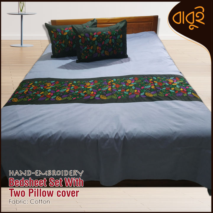 Hand-embroidery%20floral%20motif%20art%20Cotton%20Fabric%207%20Feet%20by%208.5%20Feet%20Double%20King%20Size%20Bedsheet%20Set%20with%20Two%20Pillow%20Covers%20Bed%20Sheet%20-%20Image%202