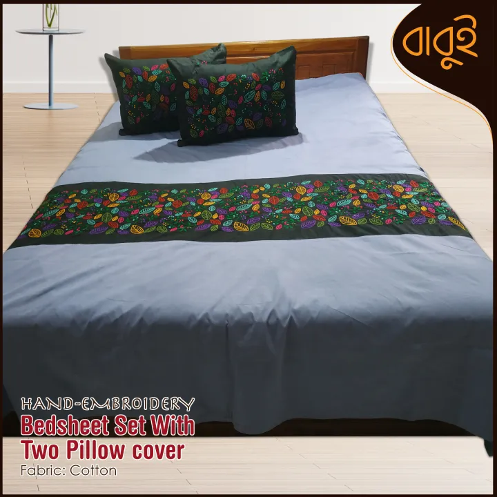 Hand-embroidery%20floral%20motif%20art%20Cotton%20Fabric%207%20Feet%20by%208.5%20Feet%20Double%20King%20Size%20Bedsheet%20Set%20with%20Two%20Pillow%20Covers%20Bed%20Sheet%20-%20Image%202