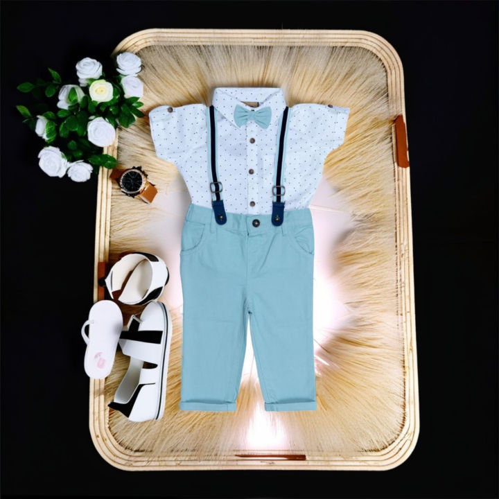 (HAVEit360) Baby Boys Party Dress Set (Shirt Full Pant Suspender Bow  Tie) For (0 Month to 24 Month)Baby Size