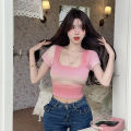 Summer Gradient Color Knitted T-shirt Women Square Collar Short Sleeve Slim Crop Top.